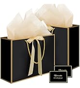 woric Black Gift Bags with Handles, 14" Medium Gift Bag with Tissue Paper, 2 Pcs Bags with 4 Tiss...