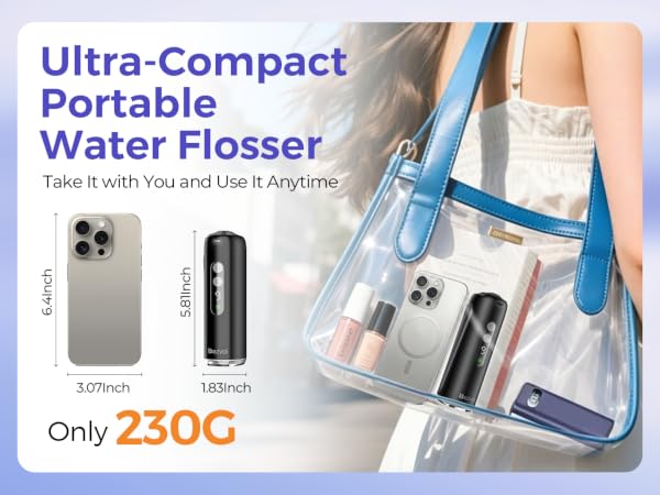 Text reads 'Ultra-Compact Portable Water Flosser' 'Takes it with you everywhere' 'Only 230G'. Product image shows white and black portable dental water flosser device with carrying case.