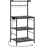 MAHANCRIS Bakers Rack with Charging Station, Microwave Stand with 6 S-Shaped Hooks, 4-Tier Storag...