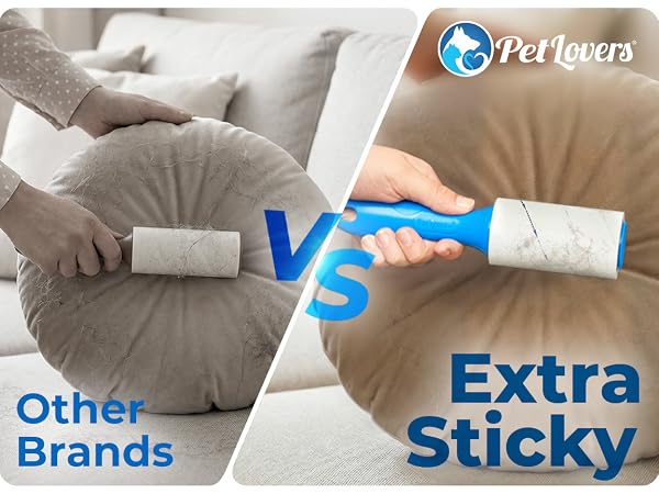 Lint roller comparison showing extra sticky pet hair pickup.
