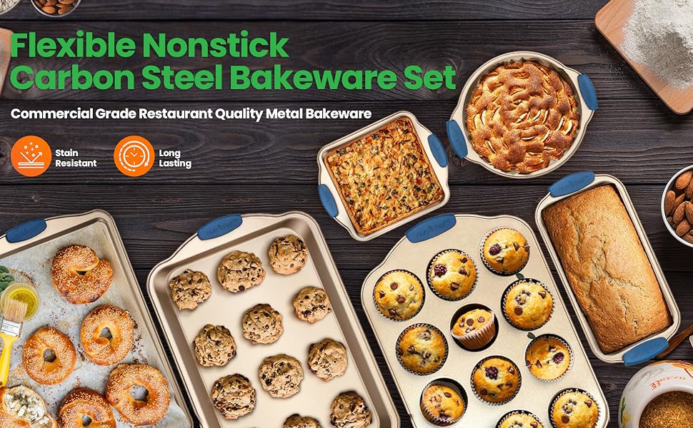 6-Piece Nonstick Bakeware Set;Carbon Steel Baking Trays w/ Heat safe Silicone Handles, Oven Safe