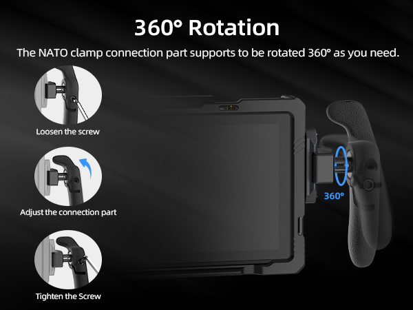 Text reads '360° Rotation'. Technical diagram showing adjustment process for NATO-clamp connection mechanism with rotating parts and adjustment screws on black background.