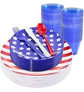 KIRE 150PCS 4th of July Plates & Red White Blue Disposable Plastic Silverware &Clear Blue Cups-Am...