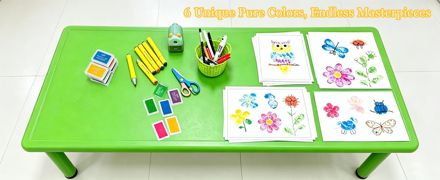 children in classroom using multicolor ink pads for craft project, non toxic and easy clean