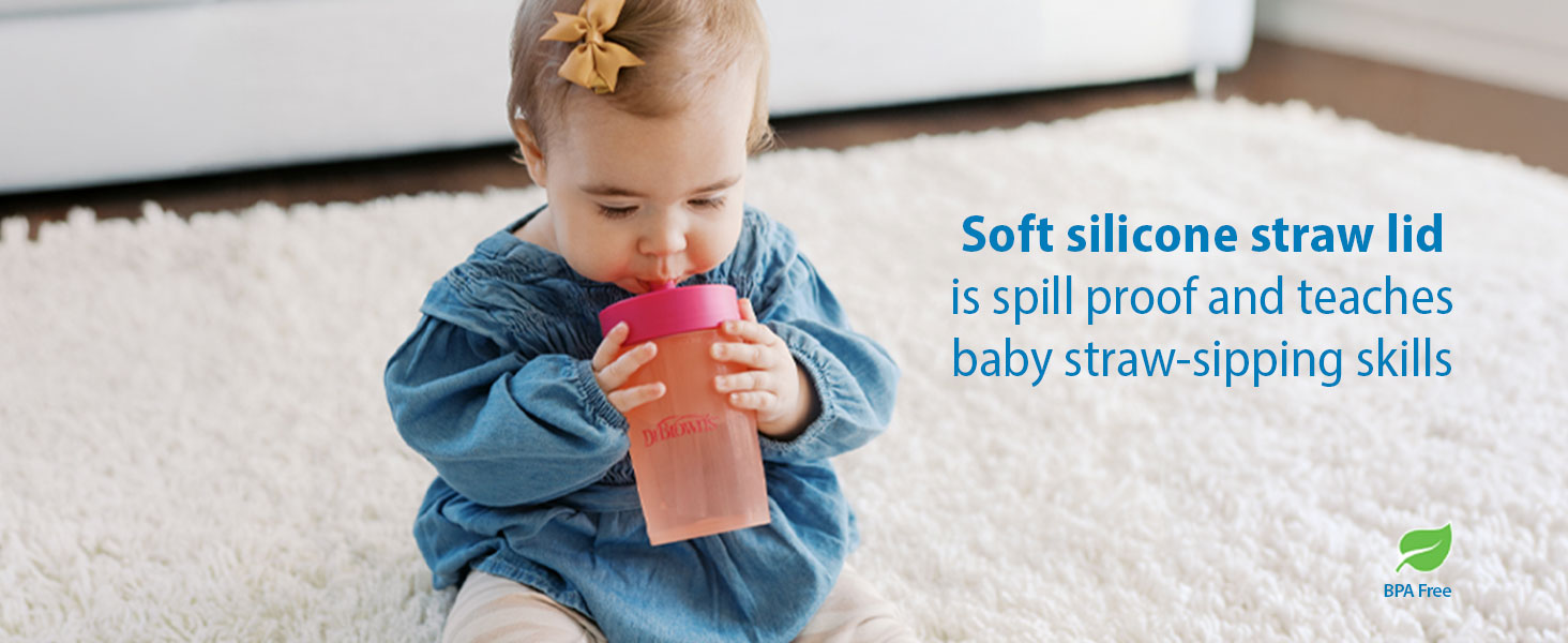 Soft silicone straw lid is spill proof and teaches baby straw-sipping skills; BPA Free