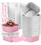 LOKQING 50 Pack Mini Cake Pans with Lids and Spoons Small Aluminum Foil Pans Square Baking Cups D...