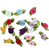 100 Pcs Multicolor Mini Ribbon Rose Flower Ornament, Satin Fabric Rose Buds with Leaves, Mixed Co...