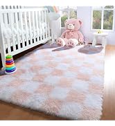 KICMOR Light Pink and White Rugs for Bedroom Girls, 4x6 Fluffy Fuzzy Checkered Shag Area Rug Shag...