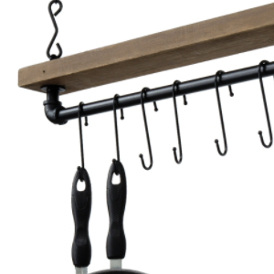 Industrial Pipe & Wood Ceiling Mounted Hanging Pot Rack with 8 S-Hooks