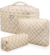 Gosect 3pc Makeup Bag Set, Quilted Makeup Bag Set, Large Floral Cosmetic Bag for Women, Cute Cott...