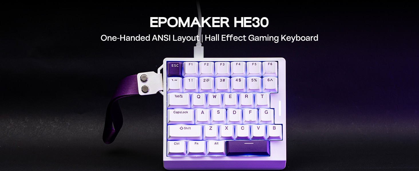 Text reads: 'EPOMAKER HE30 One-Handed ANS Layout Hall Effect Gaming Keyboard'. Compact mechanical keyboard with purple LED backlighting against dark background.