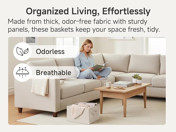 Storage baskets arranged in a living room for shelf and home organization.