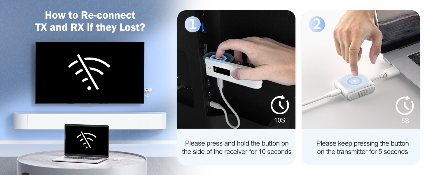 Three-panel instructional image for reconnecting wireless devices. Shows disconnected icon, pressing button on device, and plugging in cable.