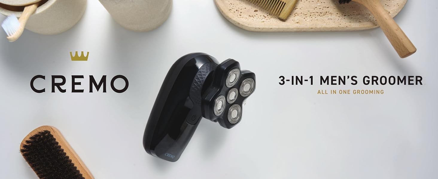 Cremo 3-in-1 Men's Groomer on a bathroom countertop with other bathroom accessories