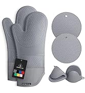 Rorecay Extra Long Oven Mitts and Pot Holders Sets: Heat Resistant Silicone Oven Mittens with Min...