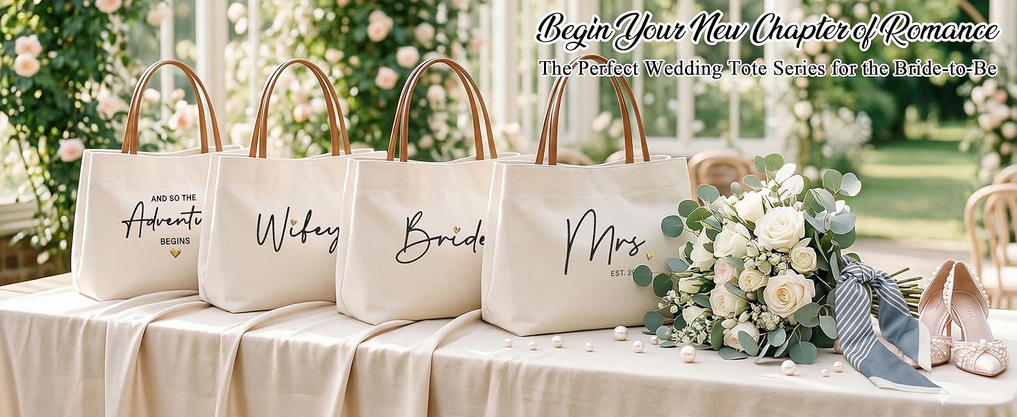 Elegant wedding tote bags for bride on a romantic floral table setting