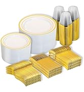 N9R 600PCS Disposable Plastic Plates, Gold Plastic Dinnerware Set Includes 100 Dinner Plates, Des...