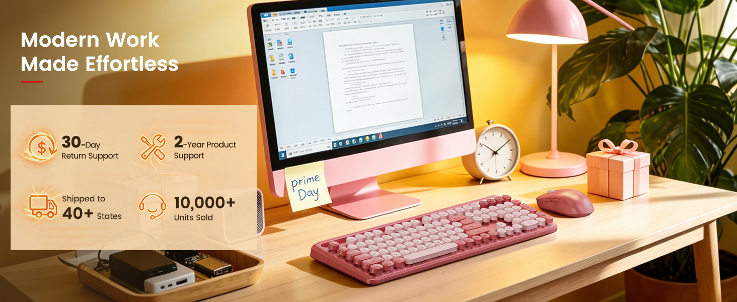 Pink retro keyboard and mouse on modern desk with support and badges.