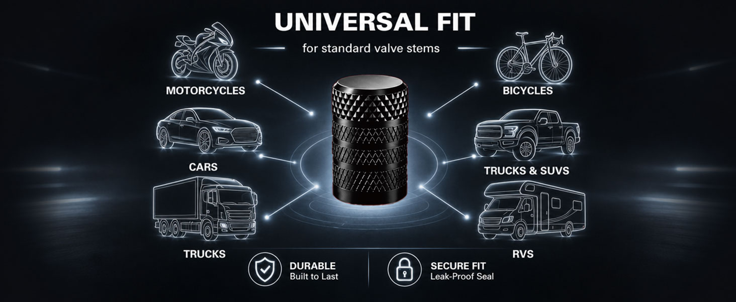 Text reads "UNIVERSAL FIT" and "For detailed video details". Black cylindrical device shown with surrounding icons indicating compatibility with multiple device types and wireless connectivity features.