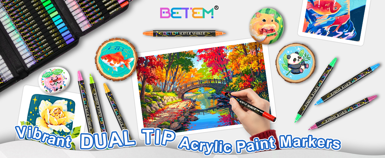 Text reads 'BETEM Dual Tip Acrylic Paint Markers'. Collection of colorful art markers displayed with sample artwork and packaging showing vibrant colors and dual tips.