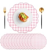 60 Pcs Pink and White Gingham Paper Placemats,13.5 Inch Scalloped Checkered Place Mats Disposable...
