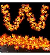 Timer - 2 Pack Fall Garland with Lights Fall Decorations for Home, Lighted Maples Leaves Garland ...