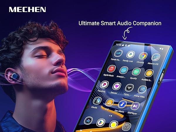 Text reads 'MEECHEN Ultimate Smart Audio Companion'. Mobile device interface displays showing audio control features against purple background.