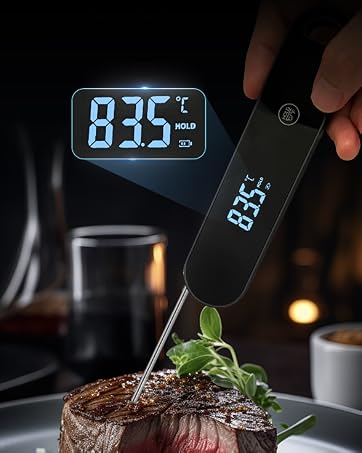 Digital meat thermometer with blue LED display showing '83.5' being inserted into cooked steak with herb garnish.