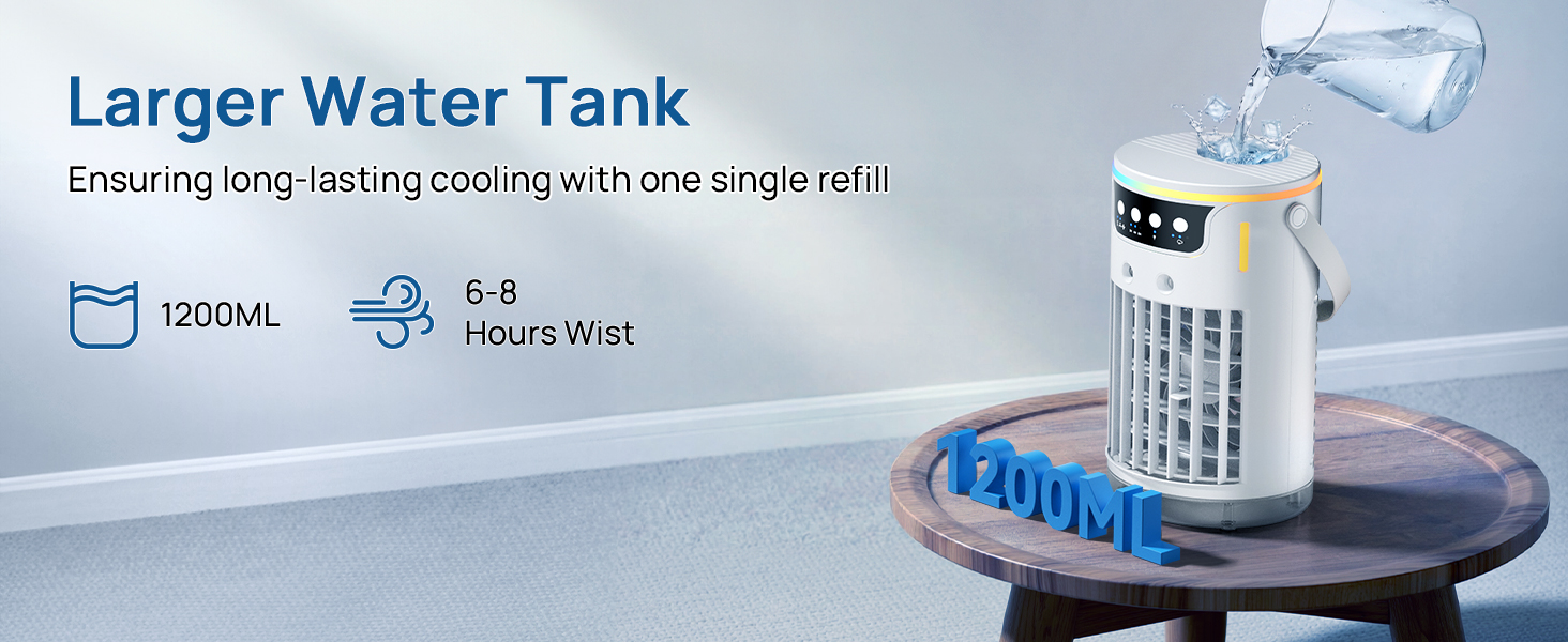 Mini ac for desk with a 1200ml tank for up to 7 hours of uninterrupted cooling mist