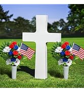 Memorial Day Cemetery Flowers for Grave - Red White Blue Bouquet with American Flags & Vase, Grav...