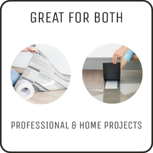 Hand lifts rug and mat with tape under; text reads, “Great for both professional and home projects.”
