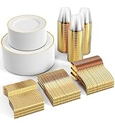 FOCUSLINE 600pcs Gold Dinnerware Set for 100 Guests, Gold Rim Plastic Plates Disposable, 100 Dinn...