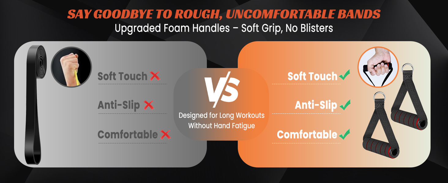 Say goodbye to rough, uncomfortable bands. Upgraded Foam Handles – Soft Grip, No Blisters