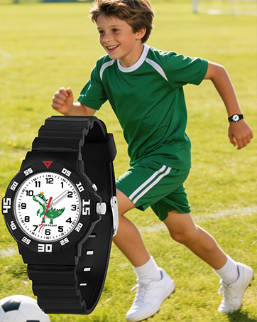 Sports watch with large black casing and white dial markings shown in multiple views, with athletic activity visible in background.