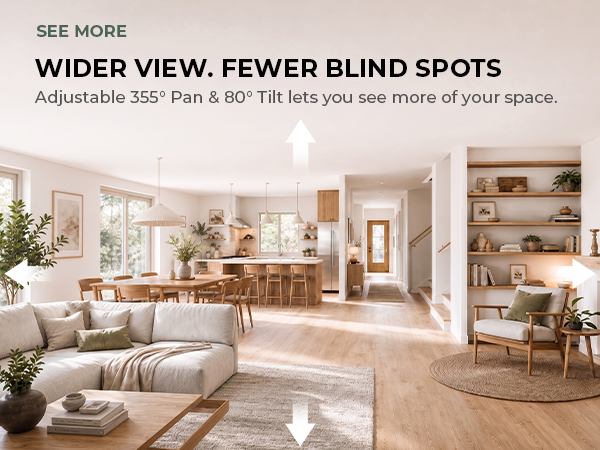 Living room scene showing the camera's wide pan-and-tilt viewing coverage.