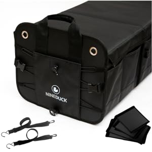 Black NINEDUCK trunk organizer shown with included dividers and anchor straps.