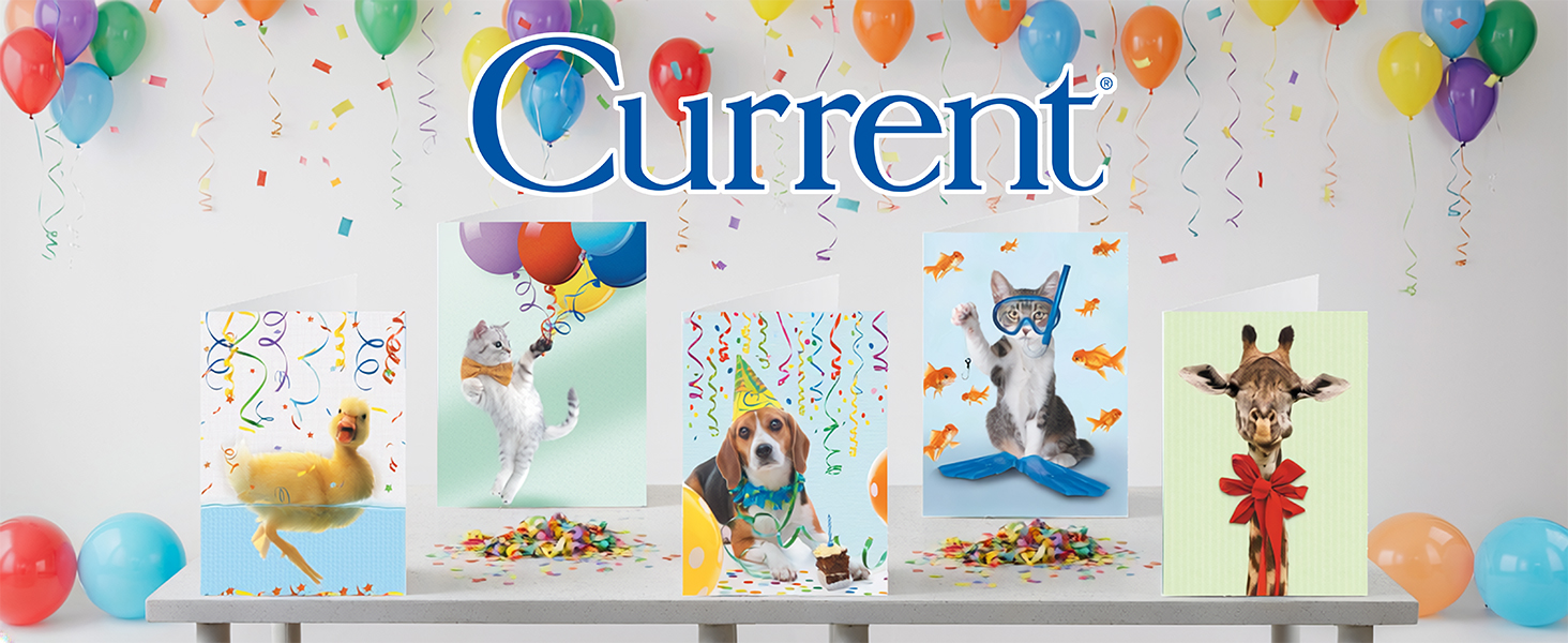 Birthday Cards on Table with Baloons and confetti