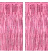 2 Pack Pink Party Decorations, 3.28 FT x 7.05 FT Pink Backdrop, Metallic Tinsel Backdrop Fringe C...