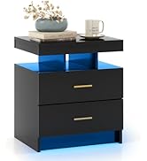Giantex LED Nightstand, Modern Black Bedside Tables with 2 Storage Drawers, High Gloss End Side T...