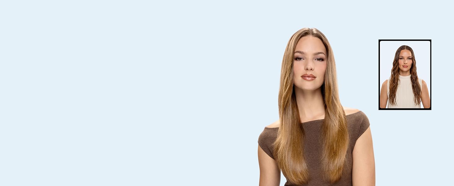 Blonde before-and-after photos show frizzy hair transformed into sleek, shiny hair.