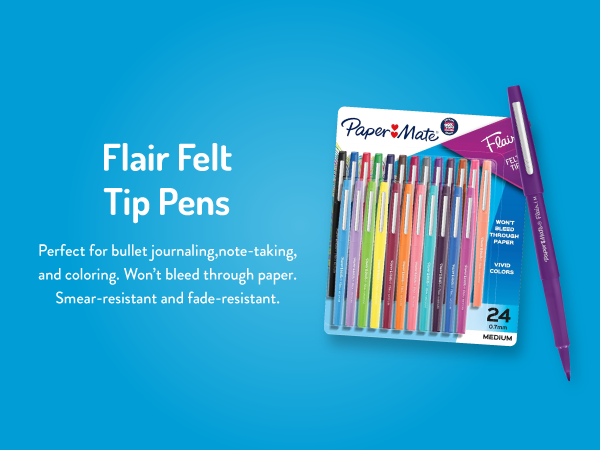 paper mate flair felt tip pens blue background teacher student bullet journaling smear fade bleed