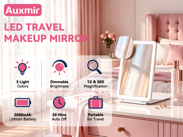 Travel makeup mirror with light