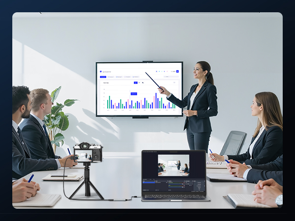 Professional office setting showing multiple views of people in meeting room analyzing data charts and graphs on displays.