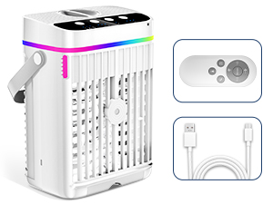 White rectangular electronic device with indicator lights and icons, shown with accompanying controller and USB cable accessories in diagram form.