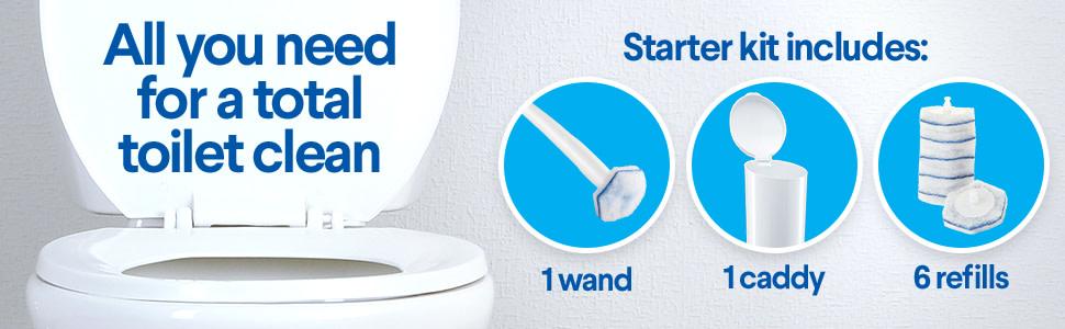 All you need for a total toilet clean - starter kit includes: 1 wand, 1 caddy, 6 refills