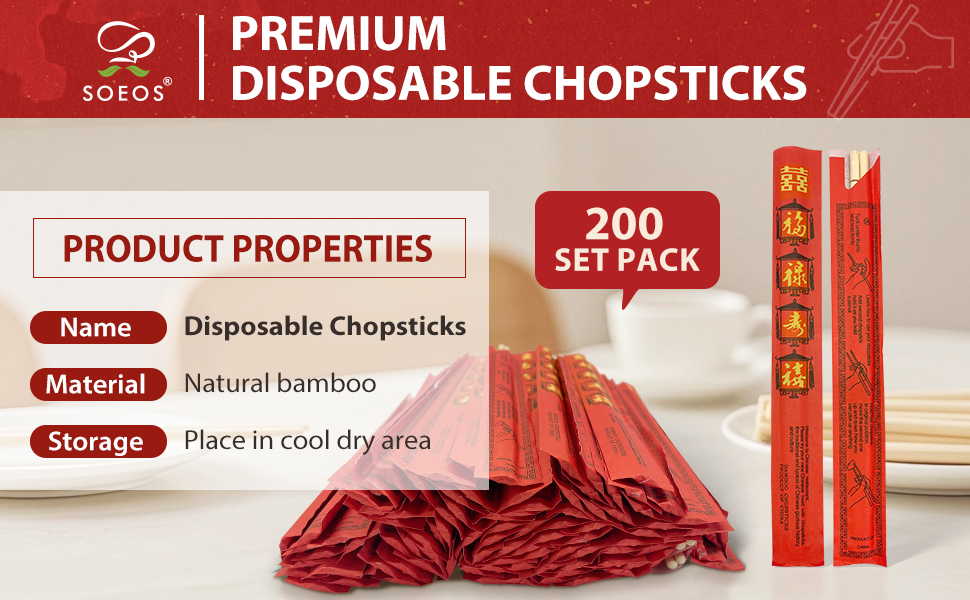 Soeos Disposable Bamboo Chopsticks, 200 Sets