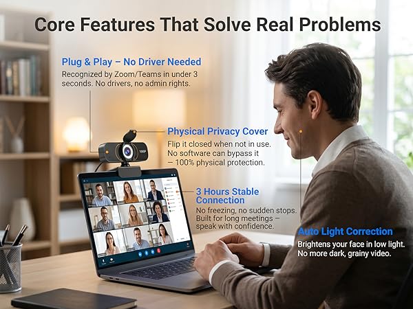 Webcam on laptop, video call. Features: plug & play, privacy cover, 3H stable, auto light.