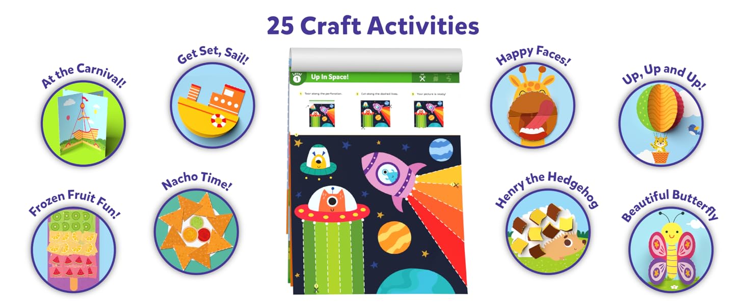 Set of colorful circular badges showcasing various craft activities. Each badge contains a cartoon illustration related to a specific craft theme.
