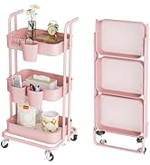 DTK 3 Tier Foldable Rolling Cart, Metal Utility Cart with Lockable Wheels, Folding Storage Trolle...