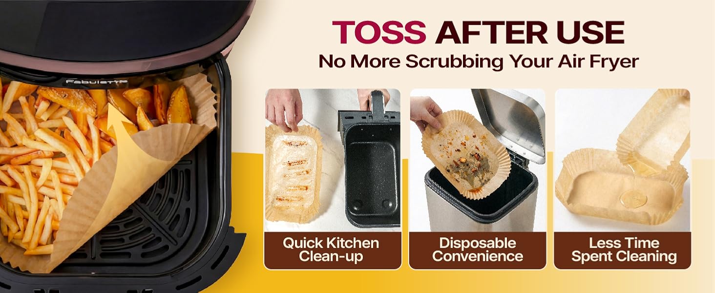 Text reads 'TOSS AFTER USE'. Product usage demonstration showing circular disposable items being placed and removed from what appears to be cooking equipment.